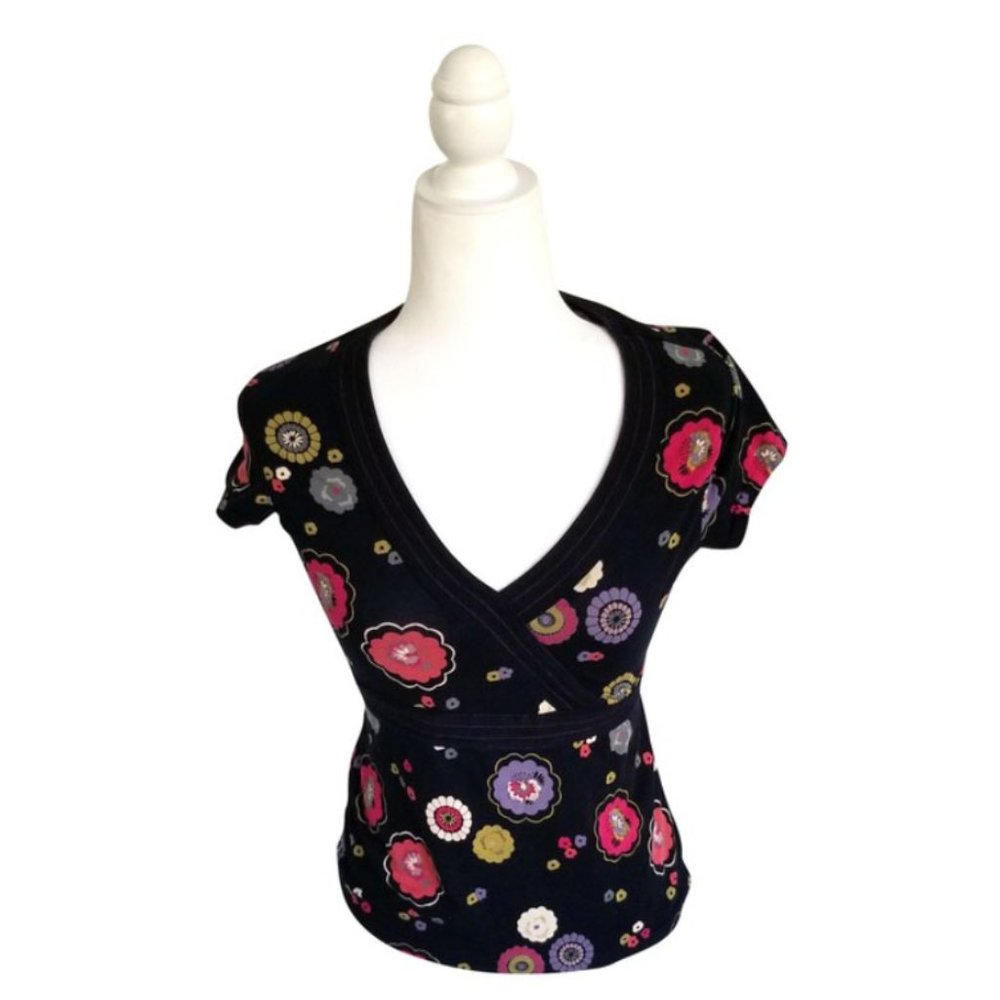 Black with Colored Flowers Perfect Fit V-neck Tee